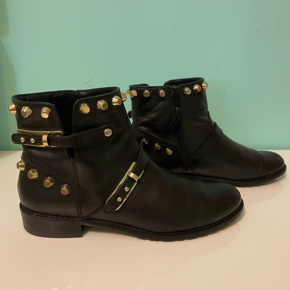 STUART WEITZMAN Black leather gold-tone metal studded Go West Ankle Boot Size 6 - Picture 10 of 12